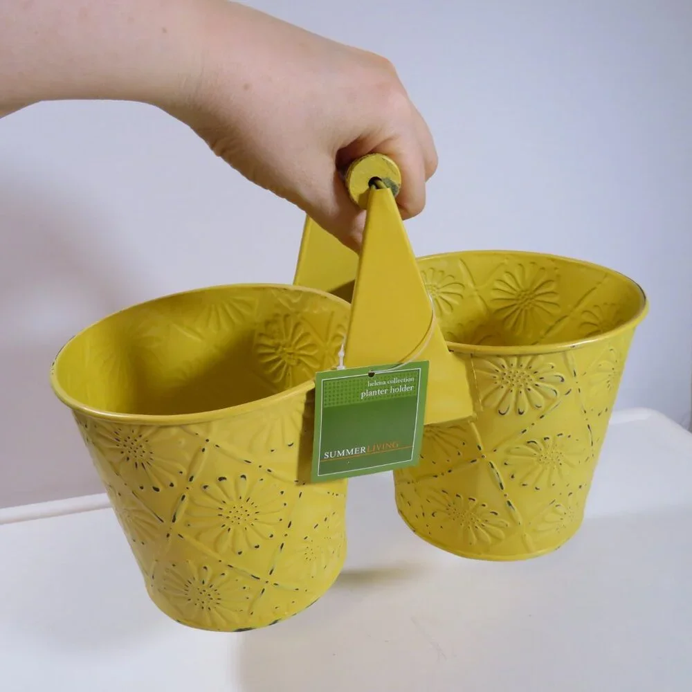 Sunflower Metal Double Yellow Bucket Container with Wood Handle